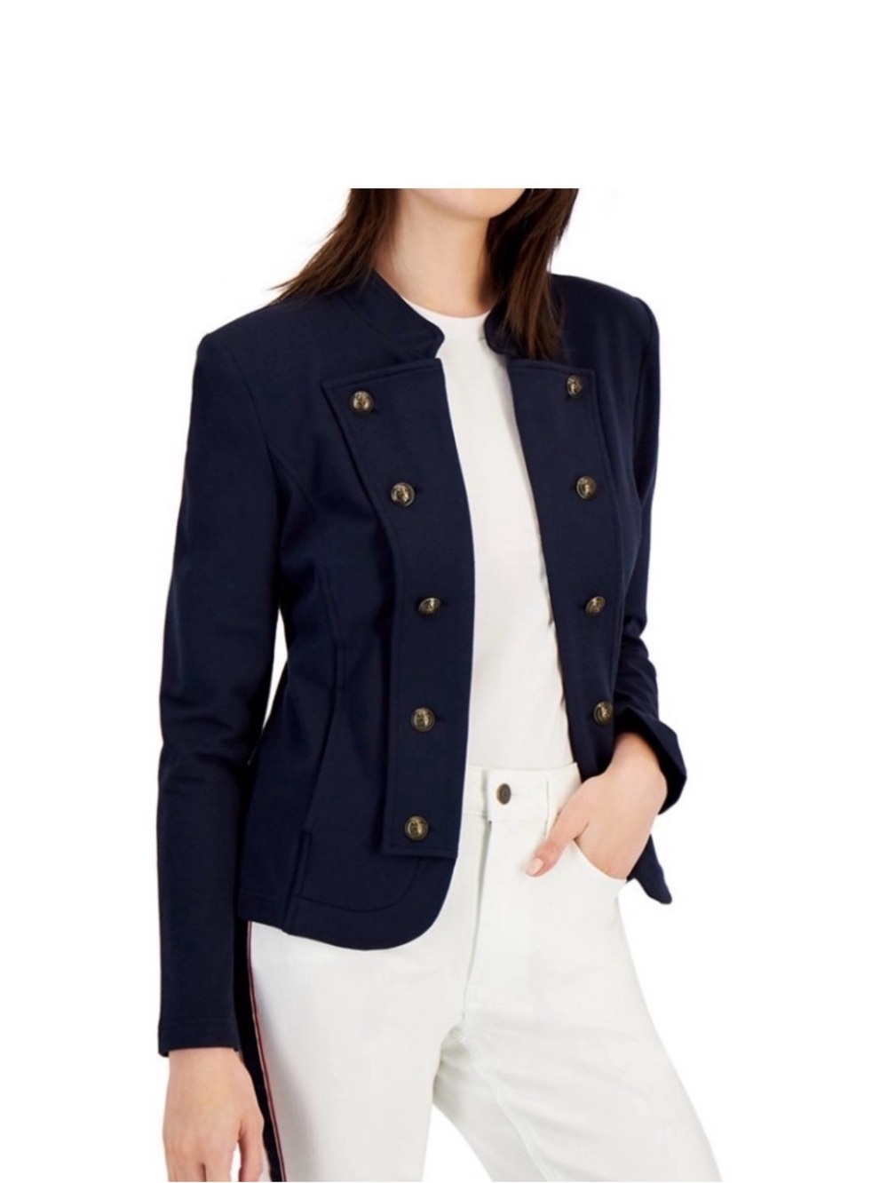 Tommy Hilfiger Military Band Jacket Black XL Open Front Blazer Button Trim Fall